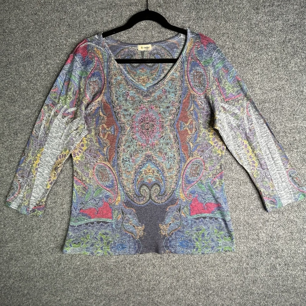 Cactus V Neck Top Womens Size Xl‎ Wearable Art Colorful